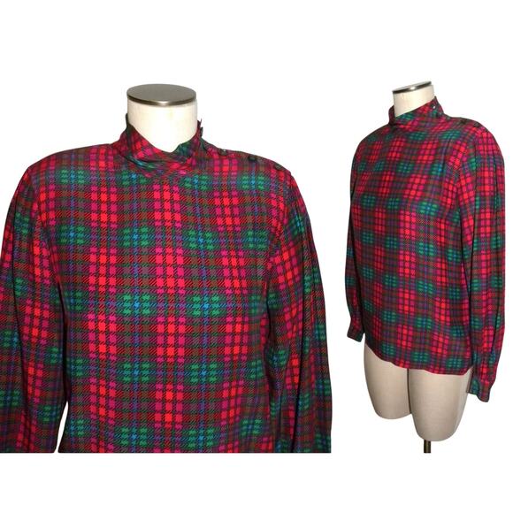 70's 80s Liz Claiborne Red Plaid High Collar Silk Blouse | XSMALL - Picture 6 of 8